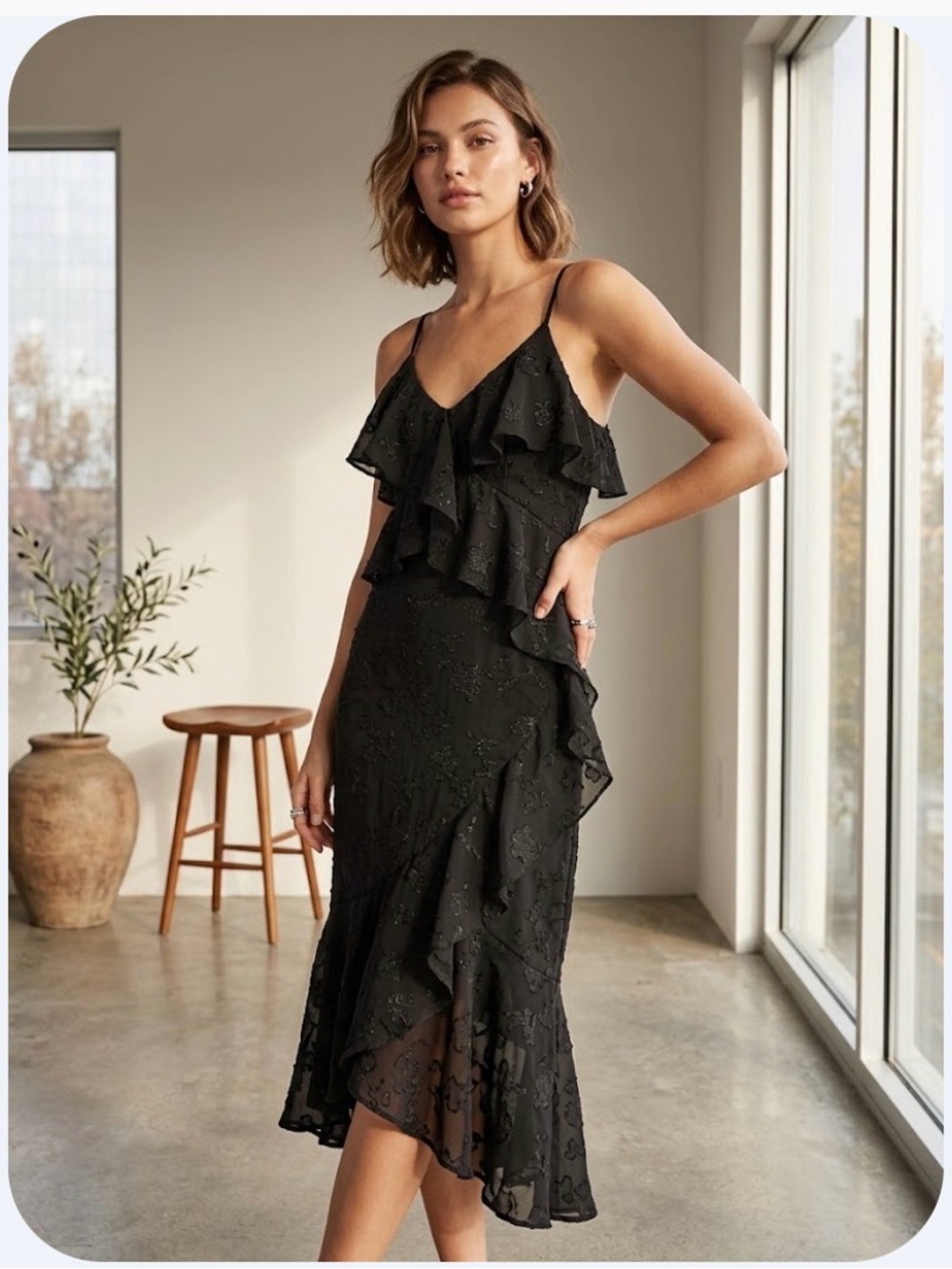 wild fable Black Ruffled V-Neck Midi Dress